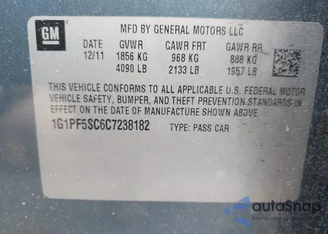 2012 Chevrolet Cruze 1Lt из США, поврежденный, VIN 1G1PF5SC6C7238182